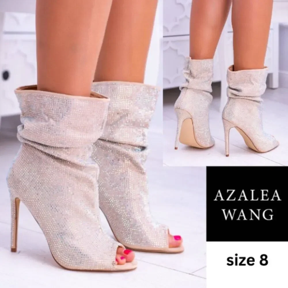 AZALEA WANG Women's Boots On A High Heel Rhinestones Beige Bandes SIZE 8